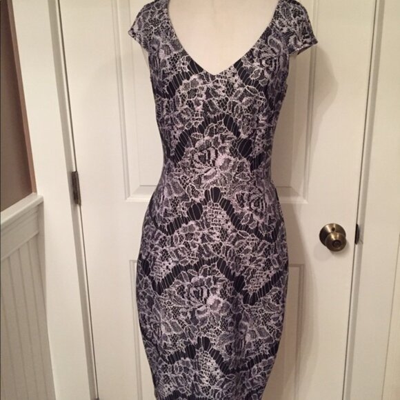 ALEXIA ADMOR DRESS STRETCH SHEATH BLACK WHITE LACE PRINT SIZE XS - Picture 1 of 8